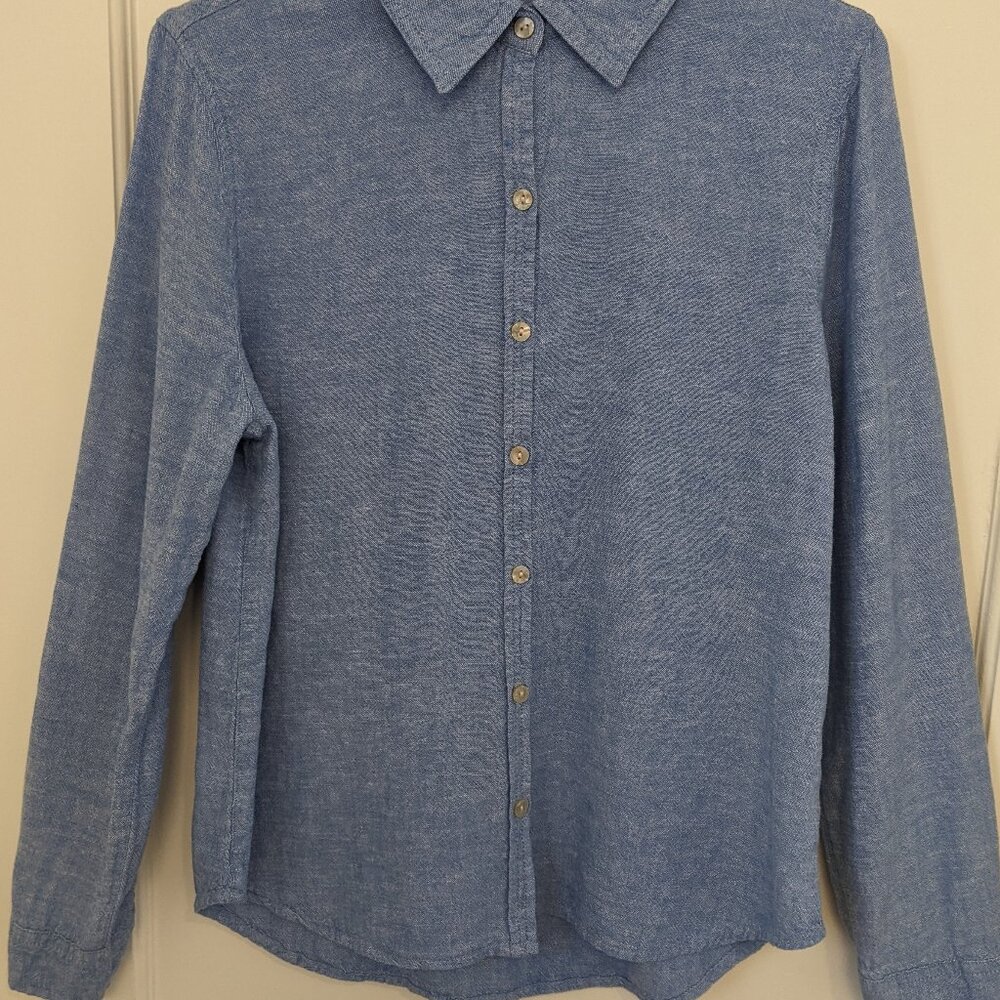 Orvis Women's Small Linen Blue Chambray LS Denim Shirt Western Capsule Wardrobe